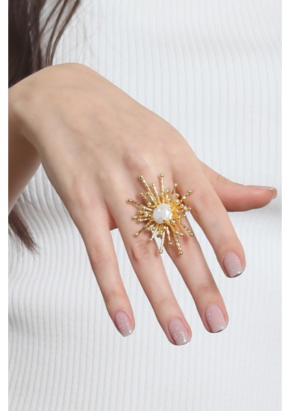 Kadın Altın Renk Kaplama Inci Detaylı Ayarlanabilir Büyük Güneş Yüzük fiyatları