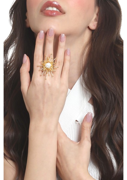 Kadın Altın Renk Kaplama Inci Detaylı Ayarlanabilir Büyük Güneş Yüzük modelleri