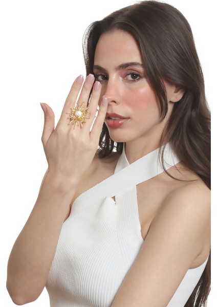 Kadın Altın Renk Kaplama Inci Detaylı Ayarlanabilir Büyük Güneş Yüzük fırsatları