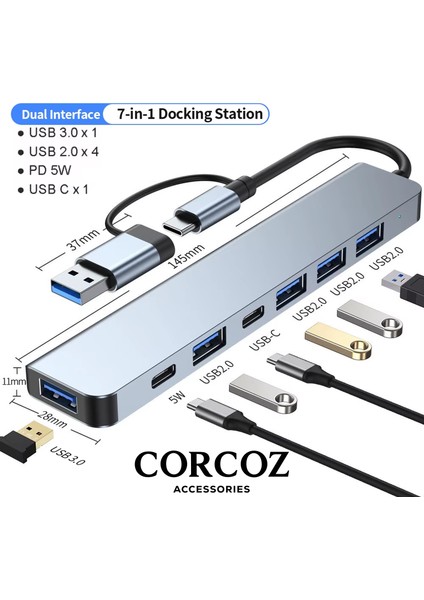 USB Hub 7in1 USB Type-C To USB A USB C USB 2.0 3.0 Çevirici Adaptör Çok Portlu Tak Çalıştır USB Çevirici - CZ58 fırsatları