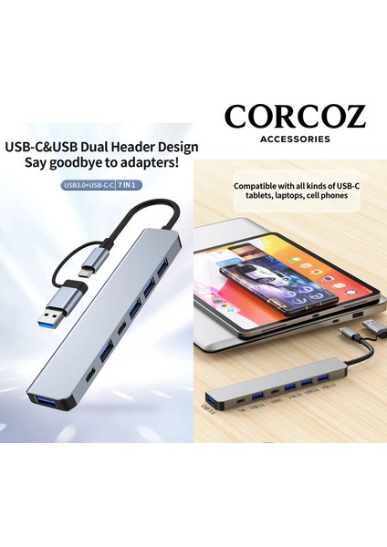 USB Hub 7in1 USB Type-C To USB A USB C USB 2.0 3.0 Çevirici Adaptör Çok Portlu Tak Çalıştır USB Çevirici - CZ58