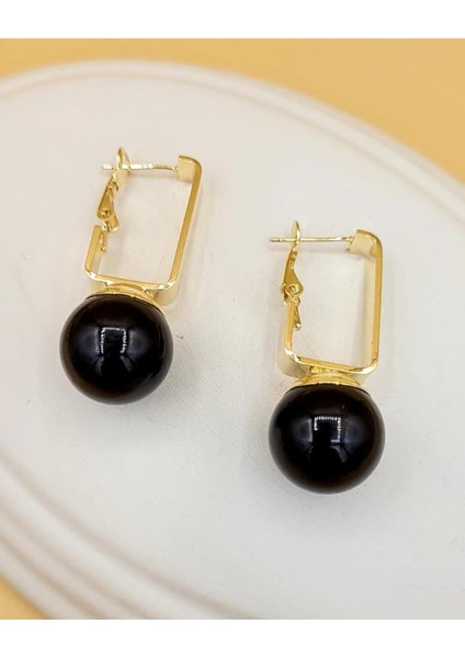 Siyah Inci Top Pirinç Küpe