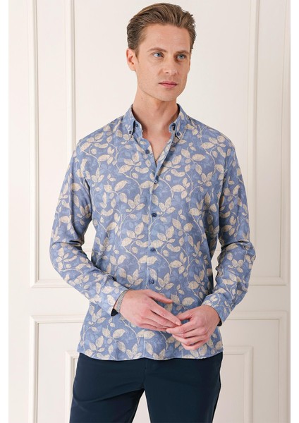 Comfort Fit Düğmeli Yaka Yaprak Desenli Pamuk Casuel Indigo Gömlek G 1567