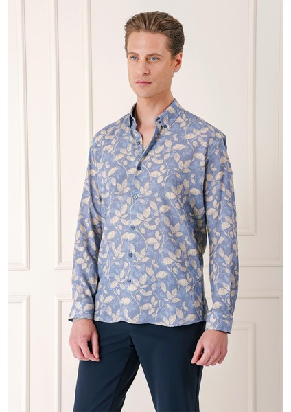 Comfort Fit Düğmeli Yaka Yaprak Desenli Pamuk Casuel Indigo Gömlek G 1567 fiyatları