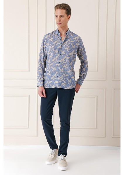 Comfort Fit Düğmeli Yaka Yaprak Desenli Pamuk Casuel Indigo Gömlek G 1567 modelleri
