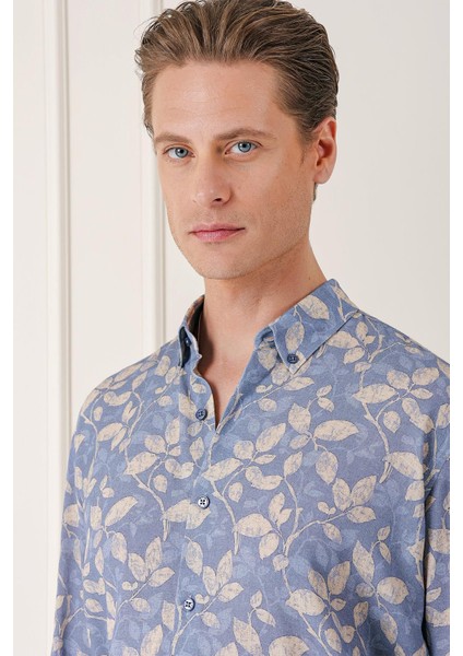 Comfort Fit Düğmeli Yaka Yaprak Desenli Pamuk Casuel Indigo Gömlek G 1567 fırsatları