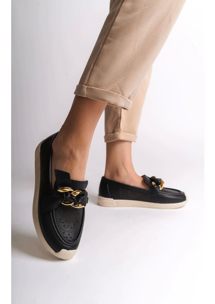 Bağcıksız Ortopedik Rahat Taban Çiçek Desenli Kadın Babet Ayakkabı - Siyah Lydıa