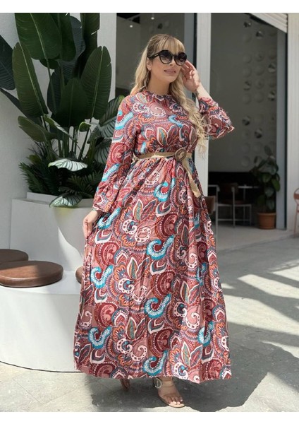 Kadın Büyük Beden Yaka Düğmeli Ispanyol Kol Dokuma Viskon Elbise