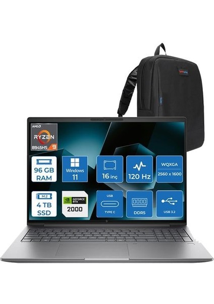 Mws Zbook Power 16 G11A Ryzen 9 8945HS 96GB Ddr5 4tb SSD 8GB/RTX2000 16" Wqxga 120Hz IPS 400NITS Windows 11 Pro Taşınabilir Bilgisayar 8T0S3EAH24 + Zettaçanta