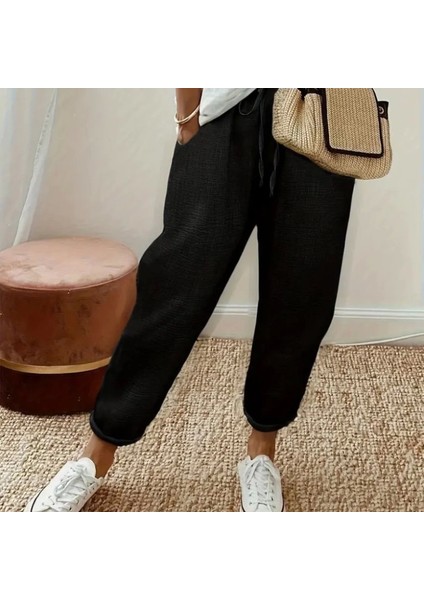 Kadın Yüksek Bel Lastikli Belde Bağcık Detaylı Aerobin Pantolon