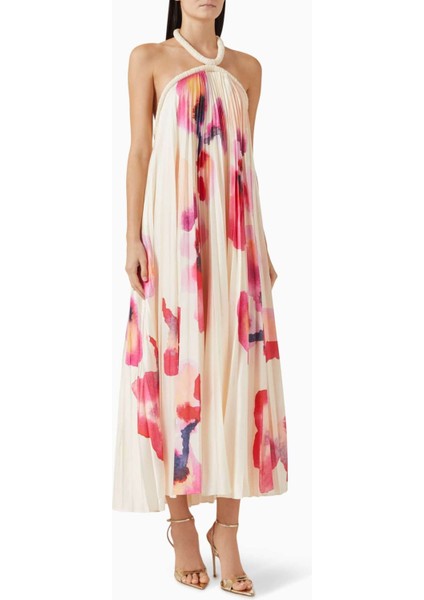Pleated Maxi Dress - Çok Renkli - %100 Polyester - Halter Yaka - Orkide Desenli