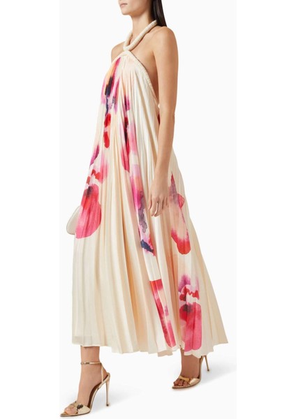 Pleated Maxi Dress - Çok Renkli - %100 Polyester - Halter Yaka - Orkide Desenli modelleri
