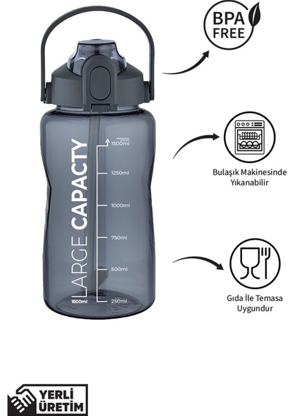 1500 ml Gri Pipetli, Kilitli Kapaklı, Taşınabilir ve Gıda Uyumlu Su Şişesi