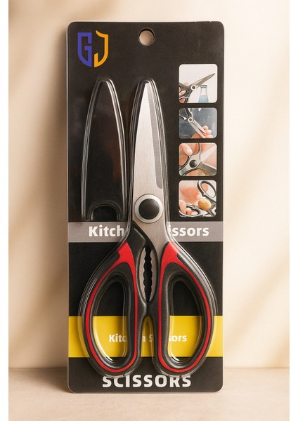 Kırmızı Çok Amaçlı Mutfak Makası, Siyah Beyaz Renkli, Ergonomik Sap ve Şişe Açacağı