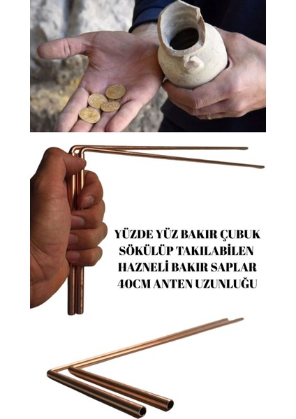 Tamamı Bakırdan Alan Tarama Çubuğu Sökülüp Takılabilen Hazneli Bakır Saplı Define ve Su Arama Çubukları