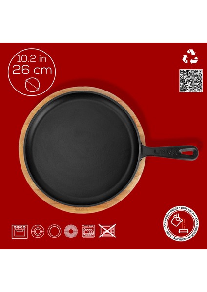 Döküm Yuvarlak Pizza Krep Pankek Tavası Döküm Demir Yekpare Saplı Kayın Servis Ahşabı ÇAP(Ø)26CM.-BORDO modelleri
