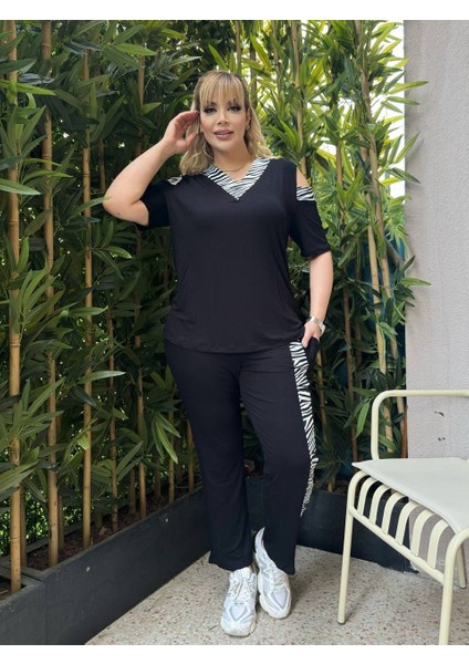 Kadın Büyük Beden Omuz Pencere Garni Şerit Detay Likralı Viskon Takım indirimleri