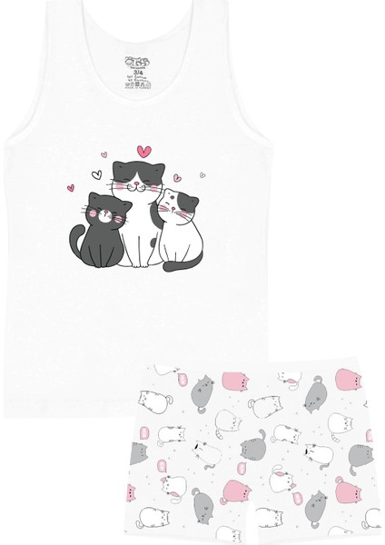 Kız Çocuk Atlet Boxer Likralı Beyaz Kedi (%96 Pamuk - %4 Elastan)