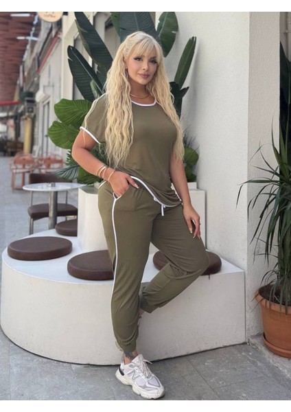 Kadın Büyük Beden Paça Manşetli Cepli Biye Detay Likralı Viskon Takım