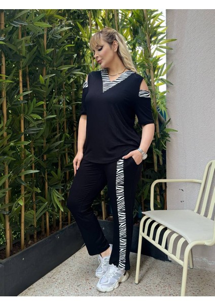 Kadın Büyük Beden Omuz Pencere Garni Şerit Detay Likralı Viskon Takım