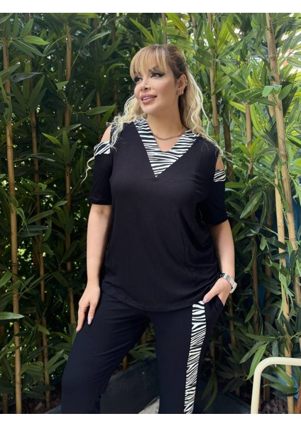 Kadın Büyük Beden Omuz Pencere Garni Şerit Detay Likralı Viskon Takım modelleri