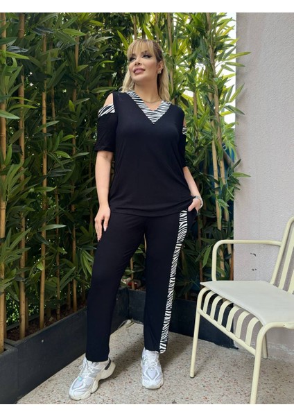 Kadın Büyük Beden Omuz Pencere Garni Şerit Detay Likralı Viskon Takım fırsatları