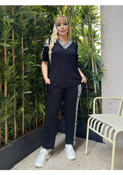 Kadın Büyük Beden Omuz Pencere Garni Şerit Detay Likralı Viskon Takım indirimleri