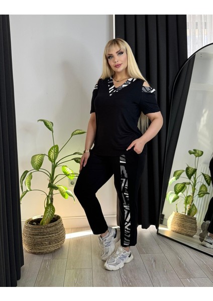 Kadın Büyük Beden Omuz Pencere Garni Şerit Detay Likralı Viskon Takım