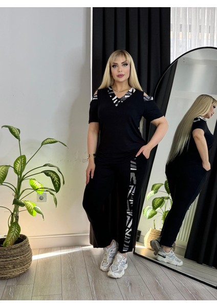 Kadın Büyük Beden Omuz Pencere Garni Şerit Detay Likralı Viskon Takım indirimleri