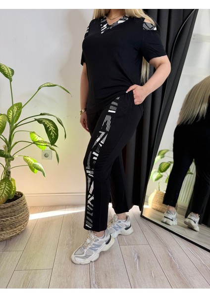 Kadın Büyük Beden Omuz Pencere Garni Şerit Detay Likralı Viskon Takım