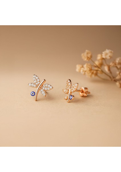 Nazar Mineli Yusufçuk Rose Gümüş Küpe