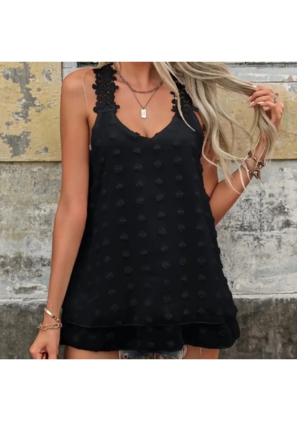 Kadın Dantel Askılı V Yakalı Sırtı Çapraz Detaylı Ponpon Bluz