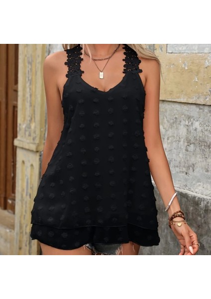 Kadın Dantel Askılı V Yakalı Sırtı Çapraz Detaylı Ponpon Bluz modelleri