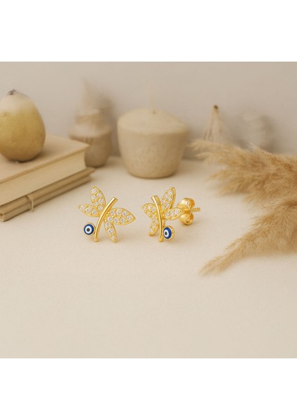 Nazar Mineli Yusufçuk Altın Kaplama Gümüş Küpe