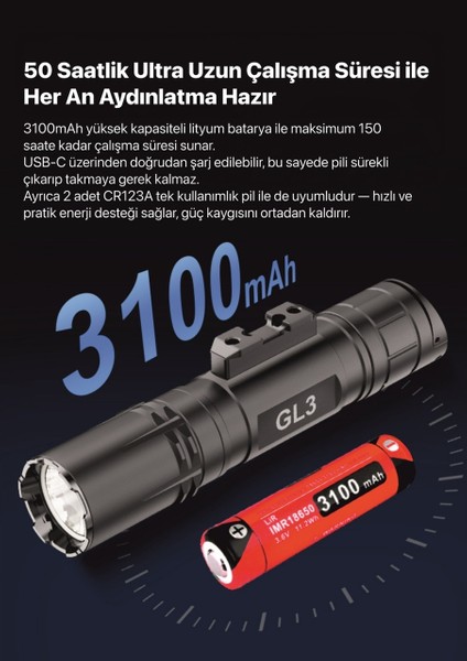Gl3 Klarus Gl3 Usb-C Şarj Edilebilir LED Taktik Tüfek Feneri