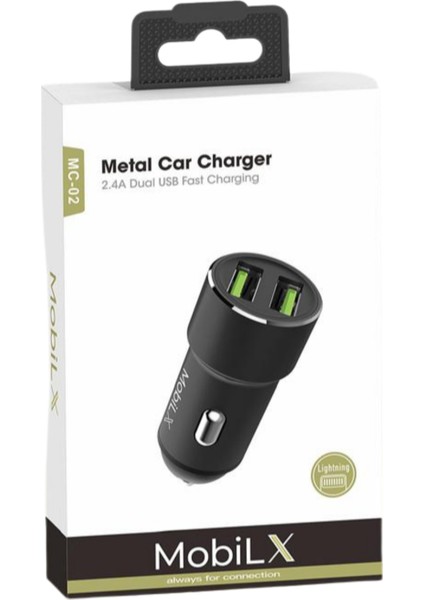 Mobilx Mc-02 2.4A Çift USB Portlu Metal Araç Şarj Cihazı | Type-C ve Lightning Kablo Uyumlu – Siyah fiyatları