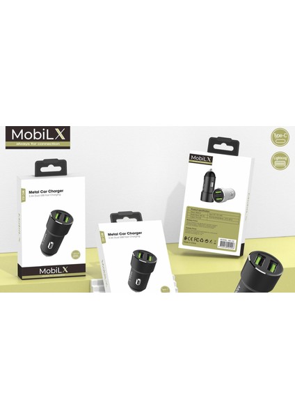 Mobilx Mc-02 2.4A Çift USB Portlu Metal Araç Şarj Cihazı | Type-C ve Lightning Kablo Uyumlu – Siyah indirimleri