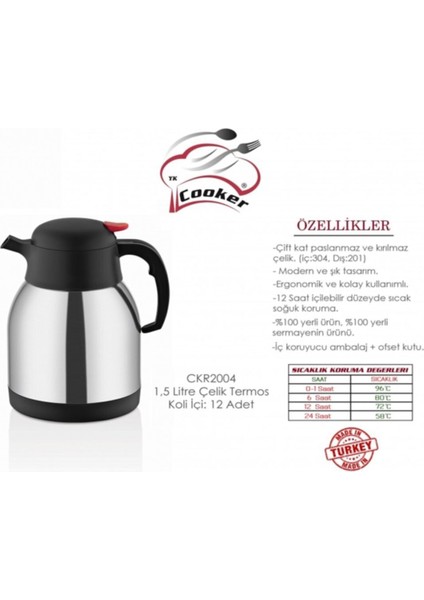 1,5 Lt Çelik İçecek Termosu CKR2004 - Çift Katmanlı Yalıtım ile Kamp ve Dış Mekan Kullanımına Uygun modelleri