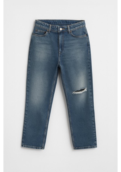 Kadın Yüksek Bel Straight Fit Mavi Dizi Yırtık Jean Pantolon