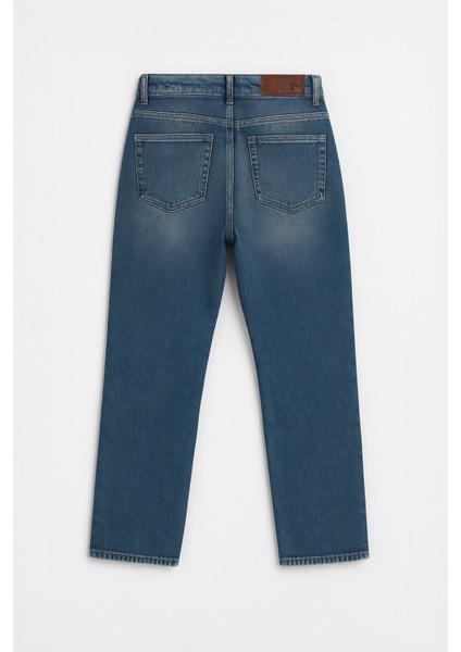 Kadın Yüksek Bel Straight Fit Mavi Dizi Yırtık Jean Pantolon fiyatları