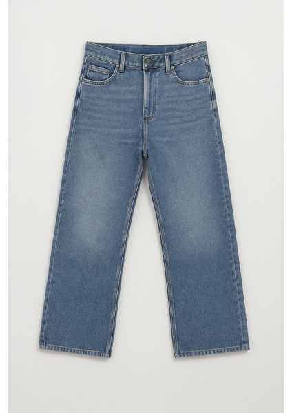 Kadın Yüksek Bel Wide Leg Mavi Jean Pantolon