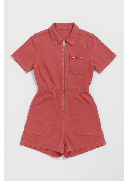 Kadın Kısa Kollu Fermuarlı Beli Lastikli Jean Tulum Şort