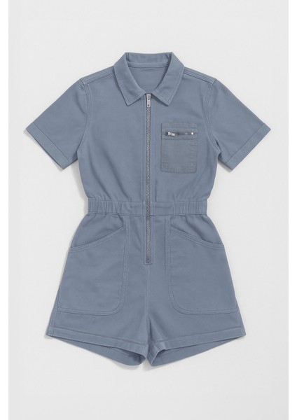 Kadın Kısa Kollu Fermuarlı Beli Lastikli Jean Tulum Şort