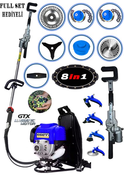 Eısenn Ergo 9000 Sırt Tipi Benzinli Motorlu Tırpan + Zeytin Badem Hasat Makinası 9 Parça Özel Set