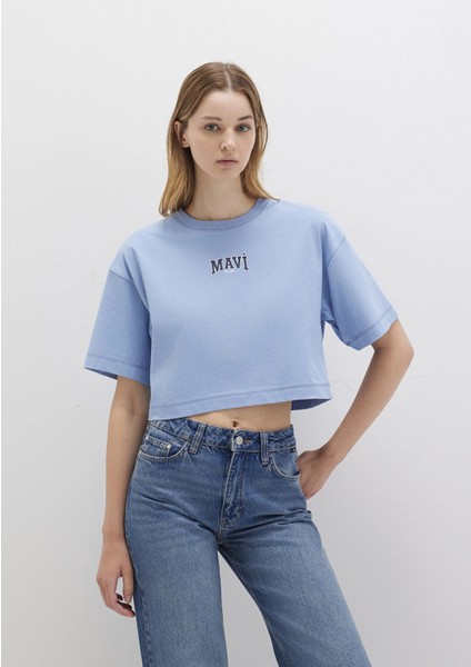 1613411-70831 Mavi Logo Baskılı Mavi Crop Tişört