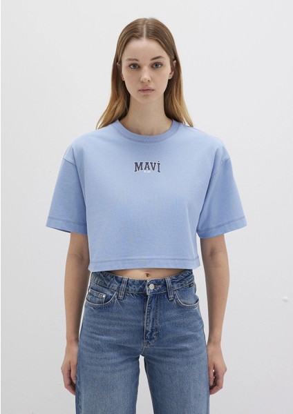 1613411-70831 Mavi Logo Baskılı Mavi Crop Tişört modelleri