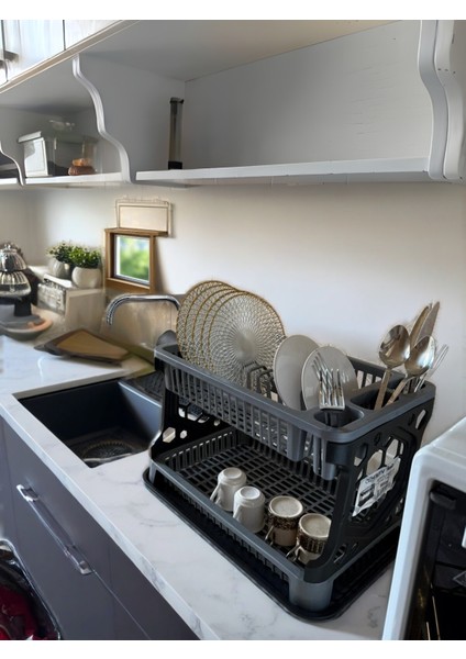 2 Katlı Plastik Bulaşık Kurutmalık – Tabaklık & Kaşıklık Bölmeli, Pratik Tezgah Üstü Tabaklık