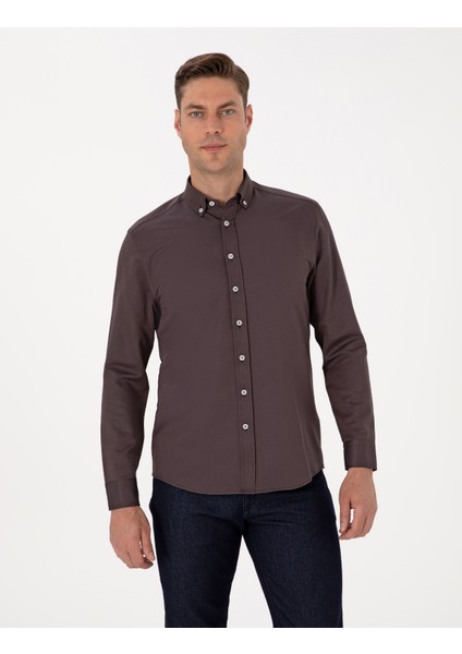 Erkek Koyu Kahverengi Regular Fit Uzun Kollu Gömlek 50311487-VR084