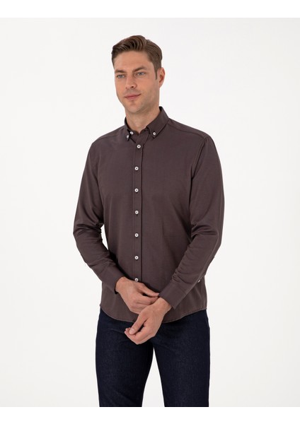 Erkek Koyu Kahverengi Regular Fit Uzun Kollu Gömlek 50311487-VR084 modelleri