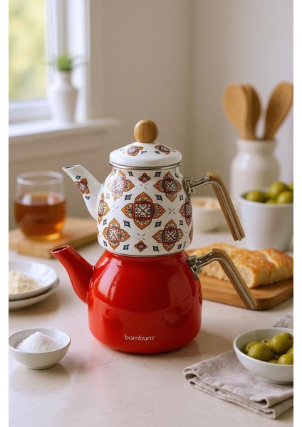 Unique - Bambu Kulplu Emaye Çaydanlık Takımı Turuncu